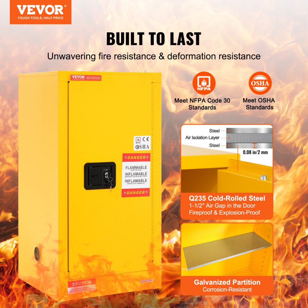 VEVOR Flammable Safety Cabinet, 16 Gal, Cold-Rolled Steel Flammable Liquid Storage Cabinet, 18.1 x 18.1 x 35.4 in