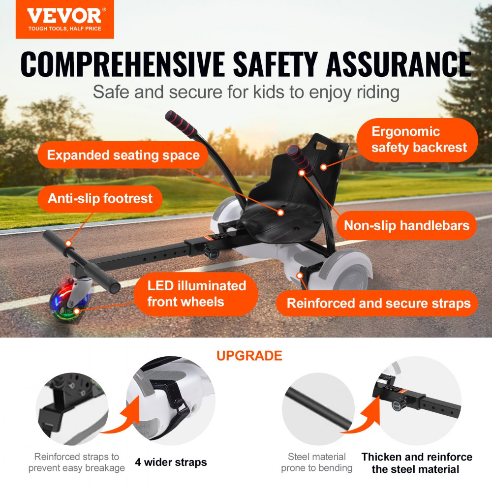 VEVOR Hoverboard Seat Attachment(Not included hoverboards), for 6.5" 8" 8.5" 10" Hoverboards, with LED Lights, Grips