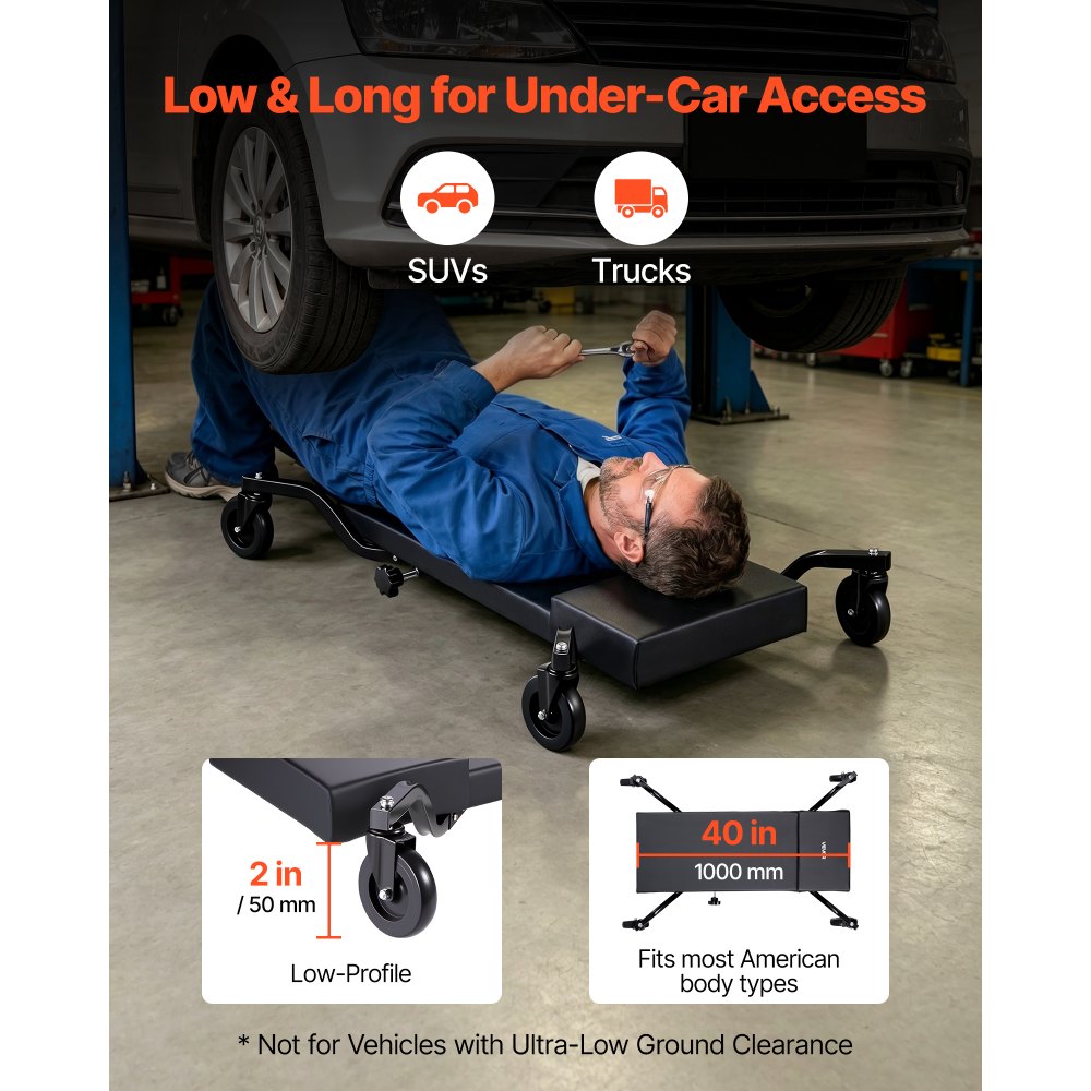 VEVOR 40 in Mechanic Creeper with 4 Large Wheels, 400 lbs Low Profile Under Car Garage Roller, Rolling Creeper with