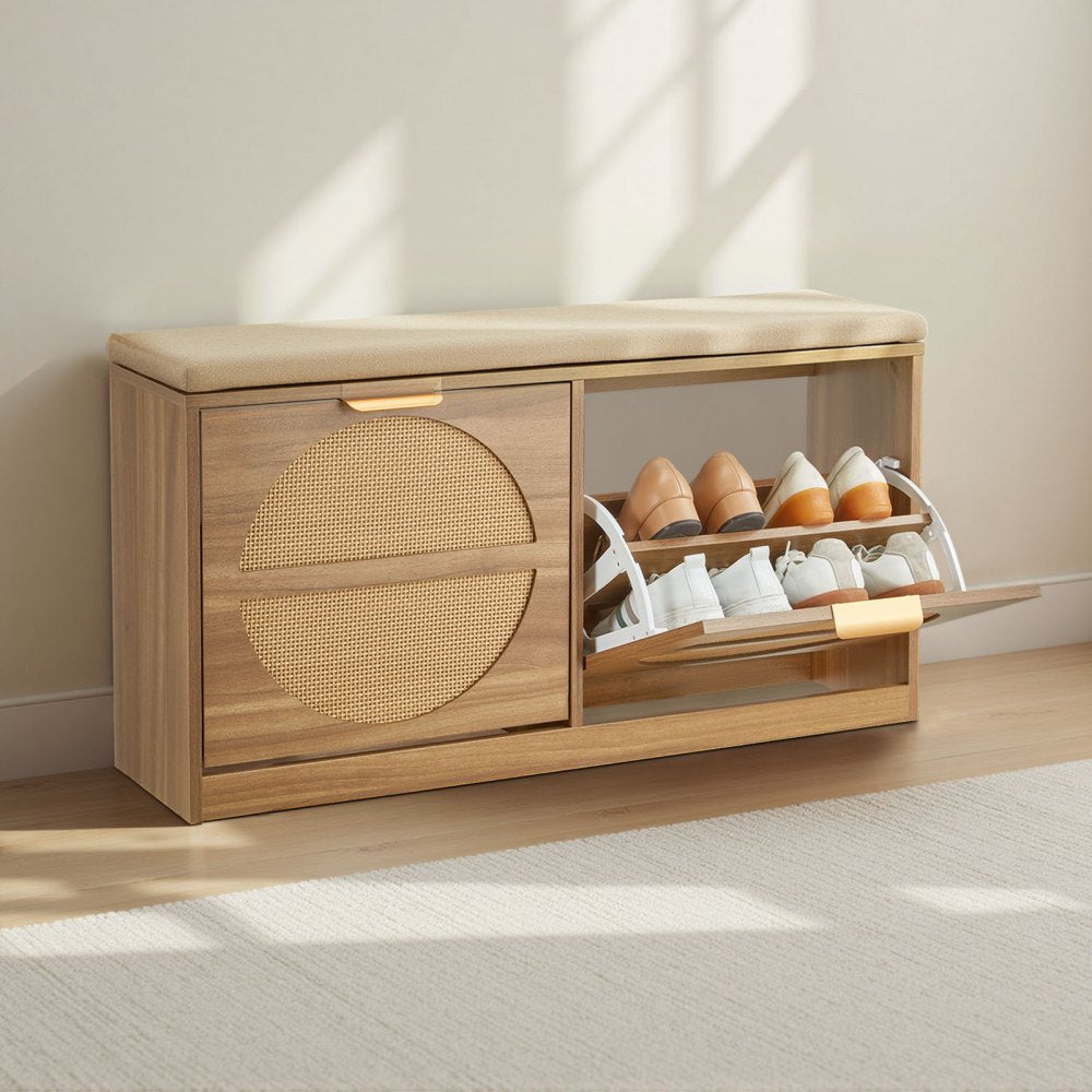 VEVOR Entryway Shoe Storage Bench 38.9" Wide 2-Tier Shoe Bench Rattan-Like, with 2 Flip Drawers, 440 lbs Load Capacity