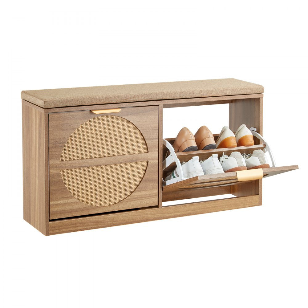 VEVOR Entryway Shoe Storage Bench 38.9" Wide 2-Tier Shoe Bench Rattan-Like, with 2 Flip Drawers, 440 lbs Load Capacity