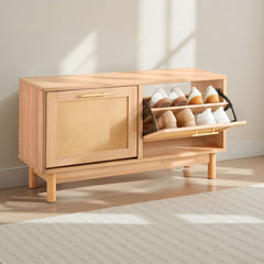 VEVOR Entryway Shoe Bench, 39.4 x 11.8 x 20.9 Inch Rattan-Like Shoes Bench with 2 Flip Drawers, 300lbs Shoe Storage