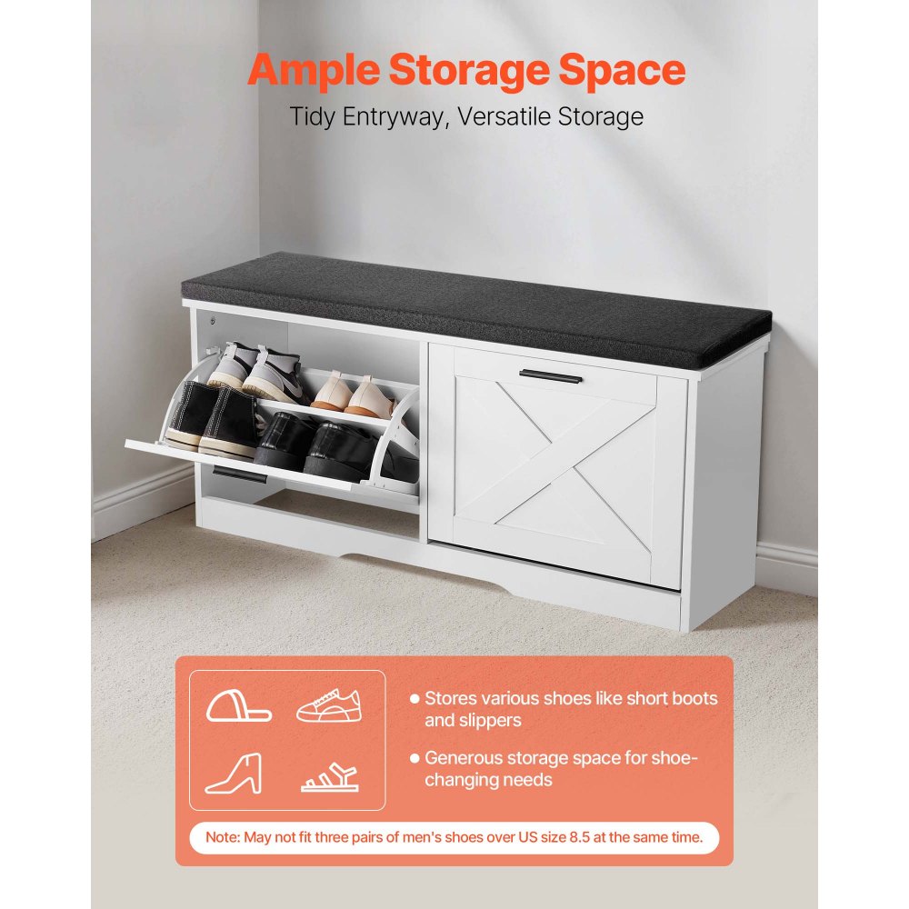 VEVOR Entryway Shoe Storage Bench 39.4" Wide 2-Tier Shoe Bench Black White, with 2 Flip Drawers, 440 lbs Load Capacity