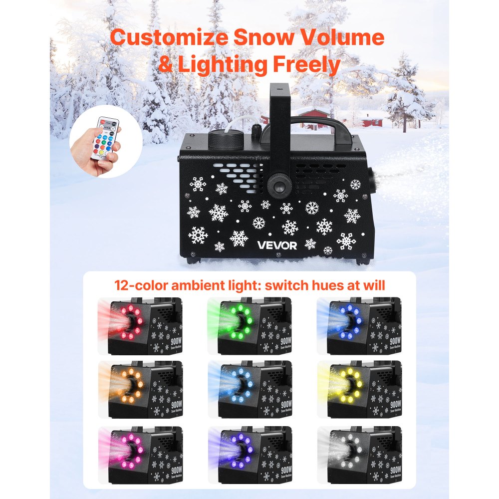 VEVOR 900W Snow Machine with 9 LED RGB Lights, 12 LED Lighting Colors, and Wireless Remote, Handheld/Hanging Outdoor