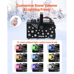 VEVOR 900W Snow Machine with 9 LED RGB Lights, 12 LED Lighting Colors, and Wireless Remote, Handheld/Hanging Outdoor
