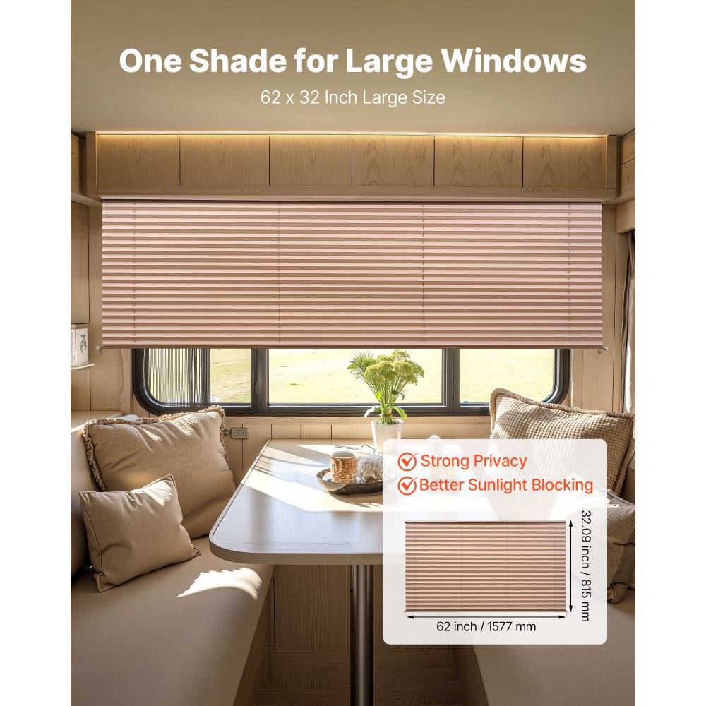 VEVOR RV Blinds, 62 in x 32 in, RV Pleated Shades, Polyester Fabric, Easy to Clean and Install, Privacy Protection and