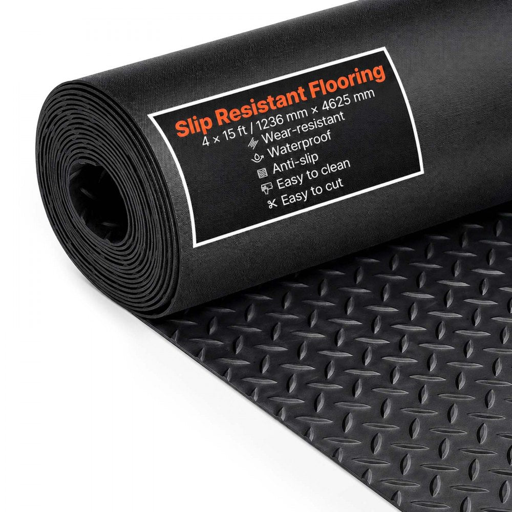 VEVOR Diamond-Plate Rubber Flooring Roll, 3 mm x 4 ft x 15 ft Garage Floor Mat, SBR Rubber Garage Flooring Roll, Easy