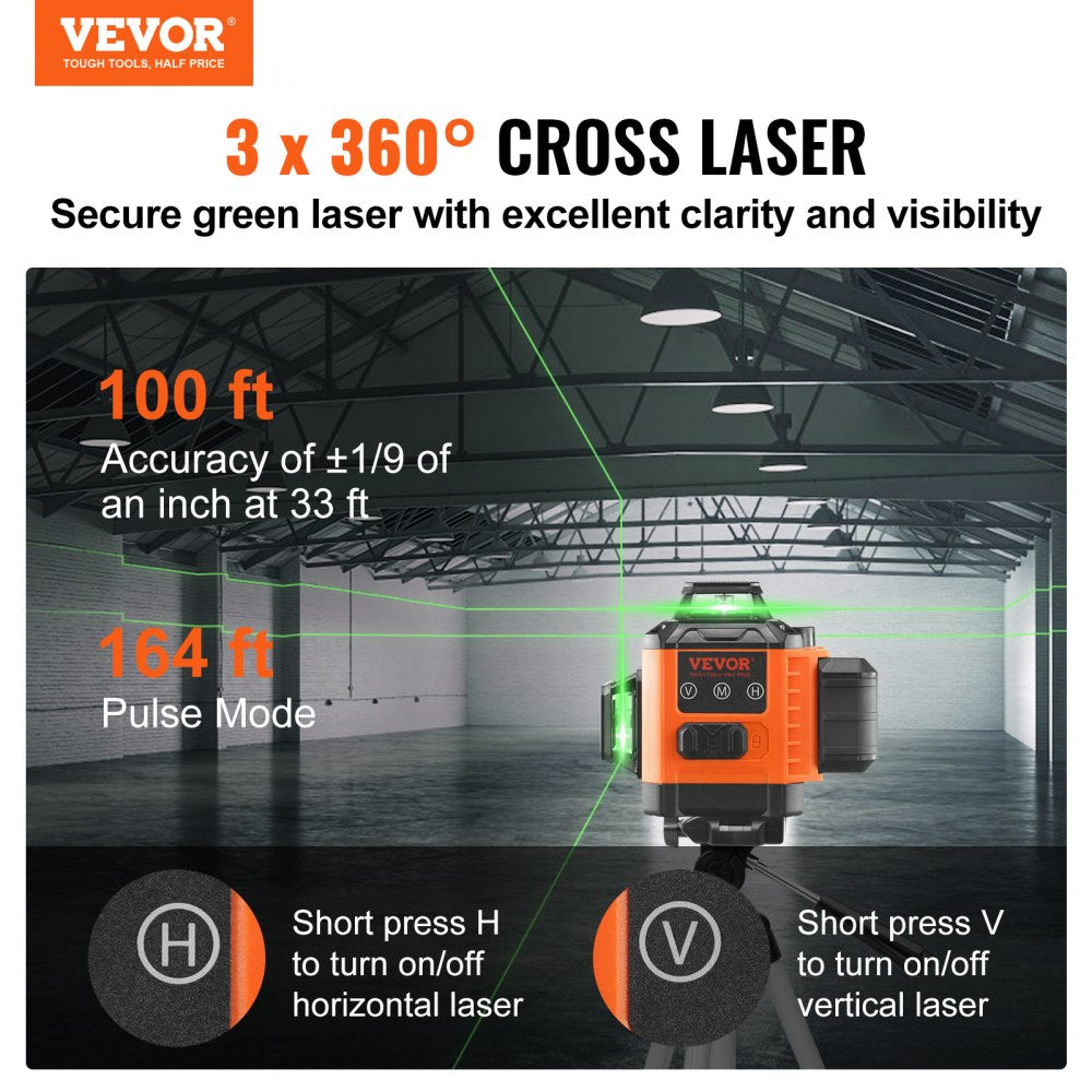 VEVOR 100ft Self Leveling Laser Level, Manual Green 3 x 360° Cross Line Laser, Manual Self-leveling Mode & IP54