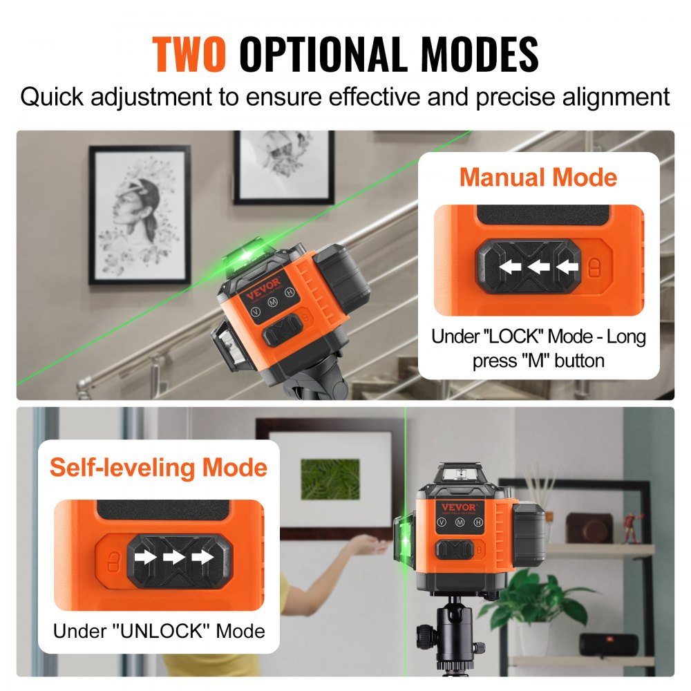 VEVOR 100ft Self Leveling Laser Level, Manual Green 3 x 360° Cross Line Laser, Manual Self-leveling Mode & IP54
