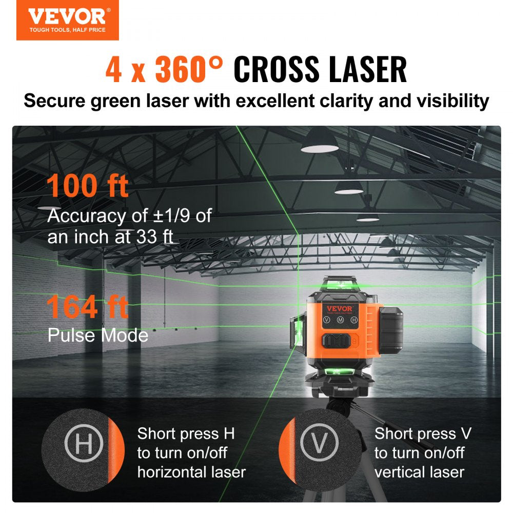 VEVOR Laser Level, 100ft, Self Leveling Manual Green 4 x 360° Cross 16 Line Laser, IP54 Waterproof Manual Self-leveling