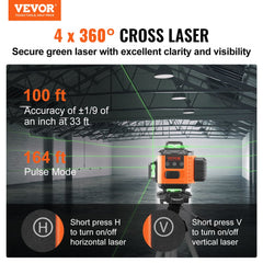 VEVOR Laser Level, 100ft, Self Leveling Manual Green 4 x 360° Cross 16 Line Laser, IP54 Waterproof Manual Self-leveling