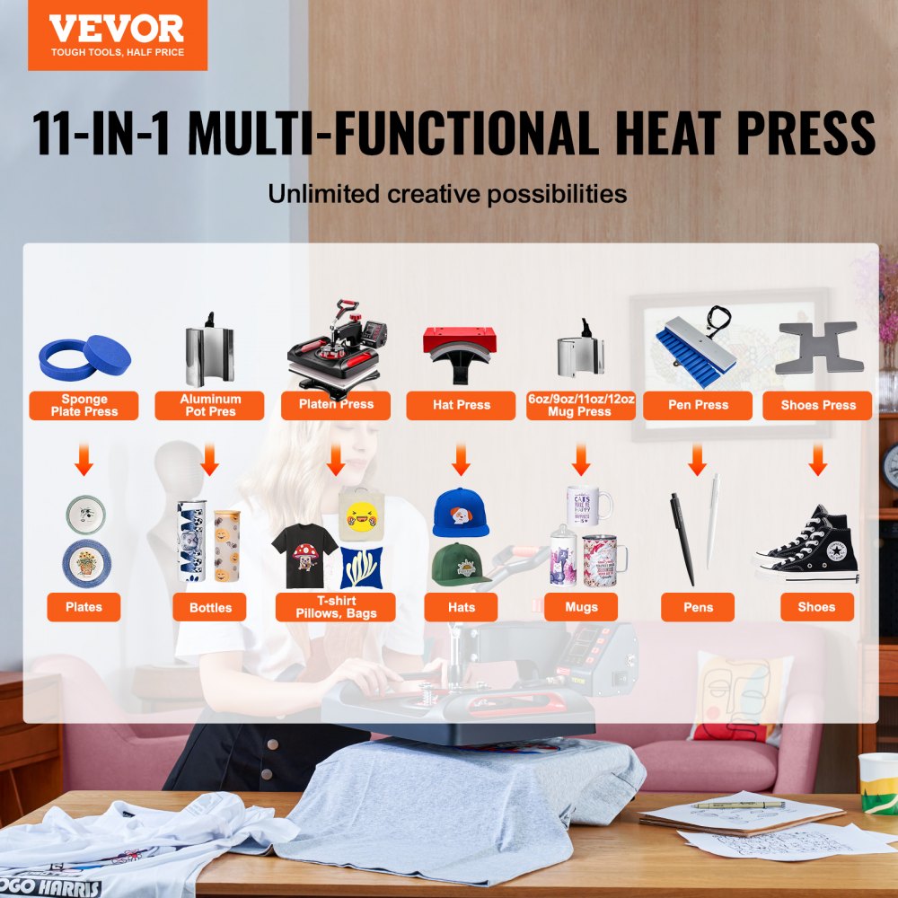 VEVOR 11 in 1 Heat Press, 12 x 15 Inch, Multifunctional Clamshell Printer, Digital Dual-Tube Heat Press Transfer