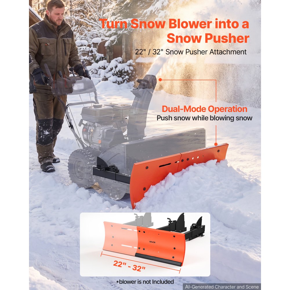 VEVOR Snow Plow Kit 22 to 32 in Width Adjustable Universal Plow Attachment, for Most Snowblowers, Dual-Mode Operation