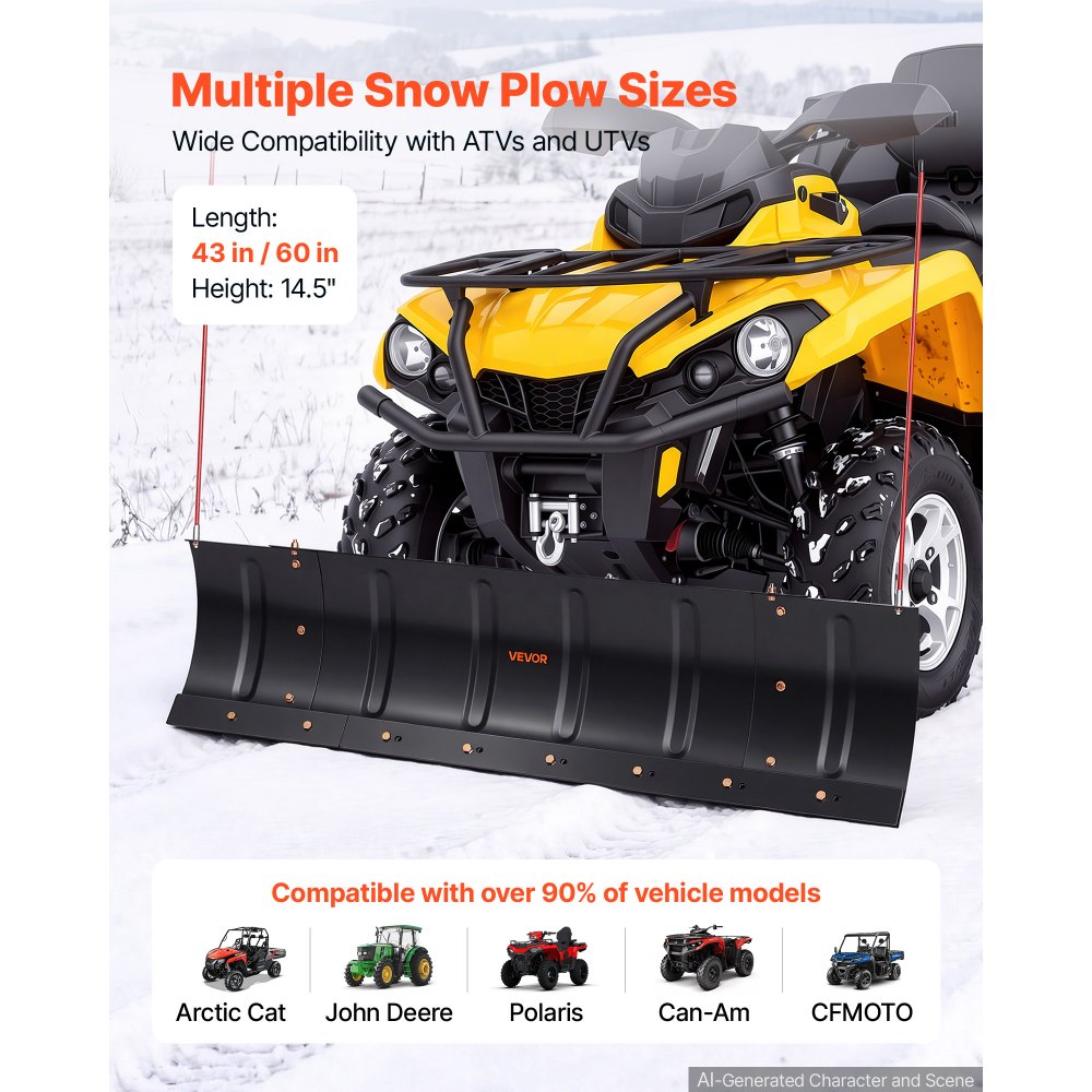 VEVOR Snow Plow Kit 43 in/60 in Width Adjustable Universal Plow Attachment, for Most ATVs and UTVs, Height & Left-Right