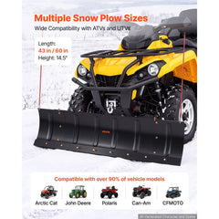 VEVOR Snow Plow Kit 43 in/60 in Width Adjustable Universal Plow Attachment, for Most ATVs and UTVs, Height & Left-Right