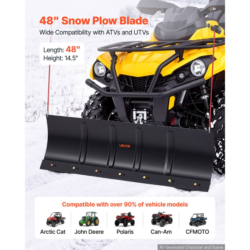 VEVOR Snow Plow Kit 48 in Universal Plow Attachment 3 Mount Options Black, for Most ATVs and UTVs, Height & Left-Right