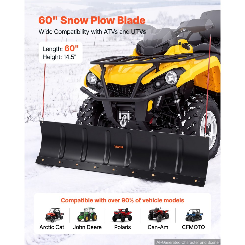 VEVOR Snow Plow Kit 60 in Universal Plow Attachment 3 Mount Options Black, for Most ATVs and UTVs, Height & Left-Right