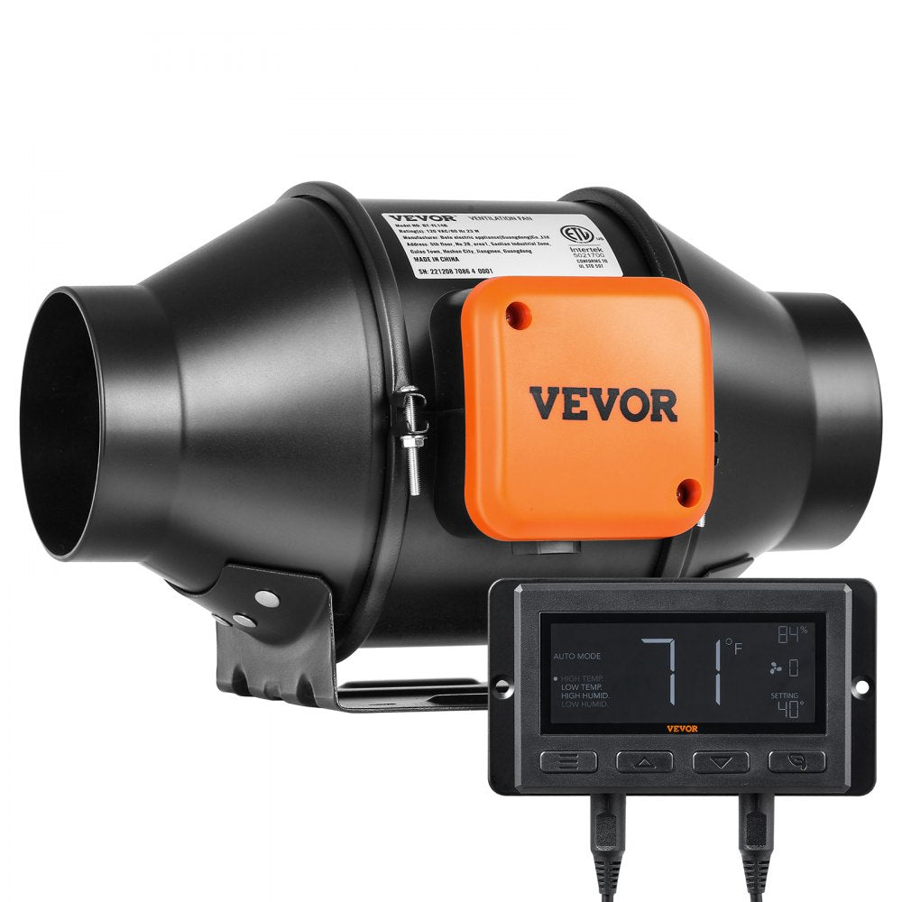 VEVOR Inline Duct Fan, 4-Inch 205 CFM Quiet EC-motor Ventilation Exhaust Fan, with Temperature Humidity Controller for