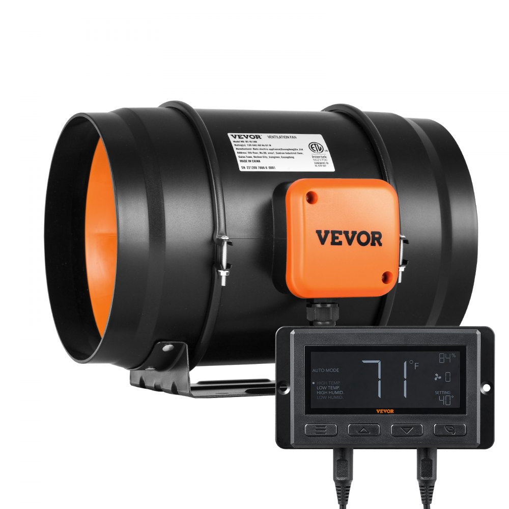 VEVOR Inline Duct Fan, 8-Inch 807 CFM with Temperature Humidity Controller, Quiet EC-motor Ventilation Exhaust Fan for
