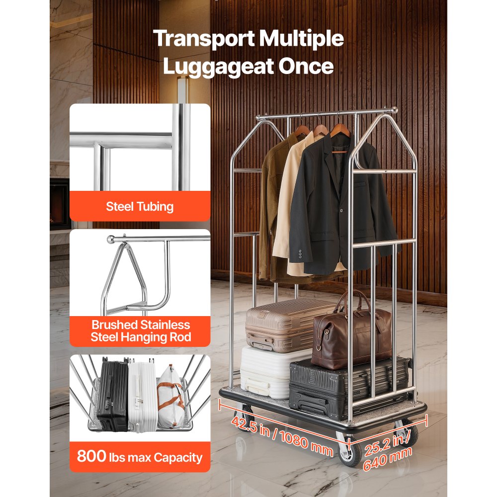 VEVOR Hotel Luggage Cart, 800 LBS Load Capacity, Brushed Stainless Steel Finish Bellman's Cart, Valet Cart with Grey