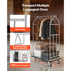 VEVOR Hotel Luggage Cart, 800 LBS Load Capacity, Brushed Stainless Steel Finish Bellman's Cart, Valet Cart with Grey