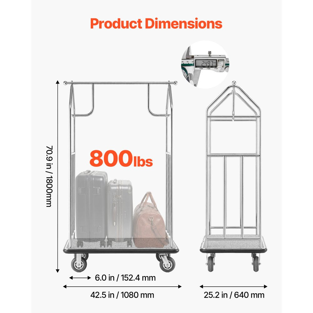 VEVOR Hotel Luggage Cart, 800 LBS Load Capacity, Brushed Stainless Steel Finish Bellman's Cart, Valet Cart with Grey