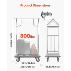VEVOR Hotel Luggage Cart, 800 LBS Load Capacity, Brushed Stainless Steel Finish Bellman's Cart, Valet Cart with Grey