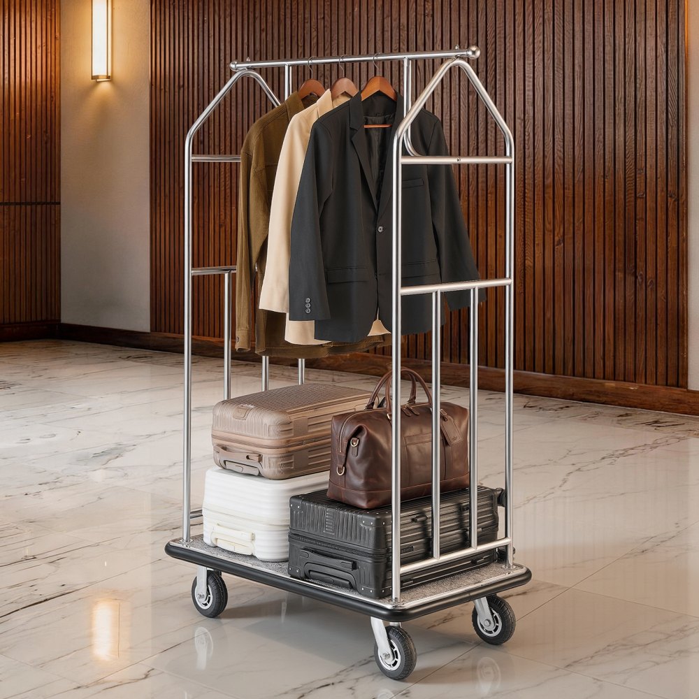 VEVOR Hotel Luggage Cart, 800 LBS Load Capacity, Brushed Stainless Steel Finish Bellman's Cart, Valet Cart with Grey