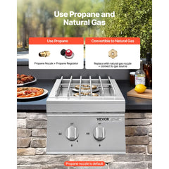 VEVOR Double Grilling Side Burners, 2 x 15,000BTU Liquid Propane Side Burner for Outdoor Kitchen, Convertible to