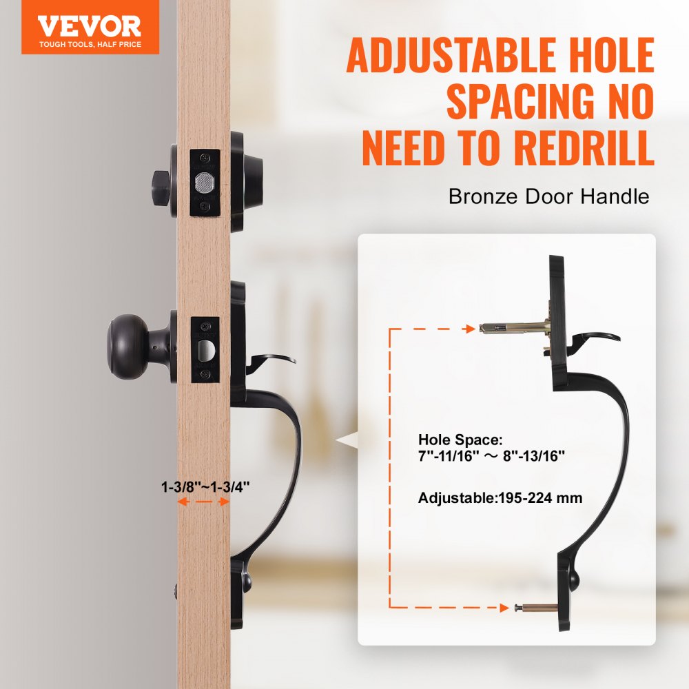 VEVOR Front Door Handle and Deadbolt Set, Front Door Lock Set with Interior Knob, Adjustable Hole Spacing Single