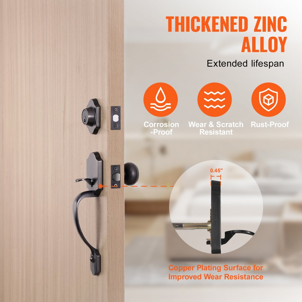 VEVOR Front Door Handle and Deadbolt Set, Front Door Lock Set with Interior Knob, Adjustable Hole Spacing Single