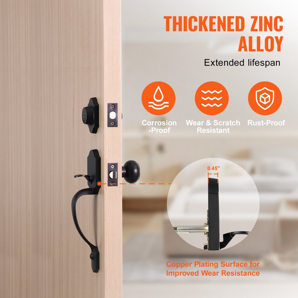 VEVOR Front Door Handle and Deadbolt Set, Matte Black Front Door Lock Set with Interior Knob, Adjustable Hole Spacing