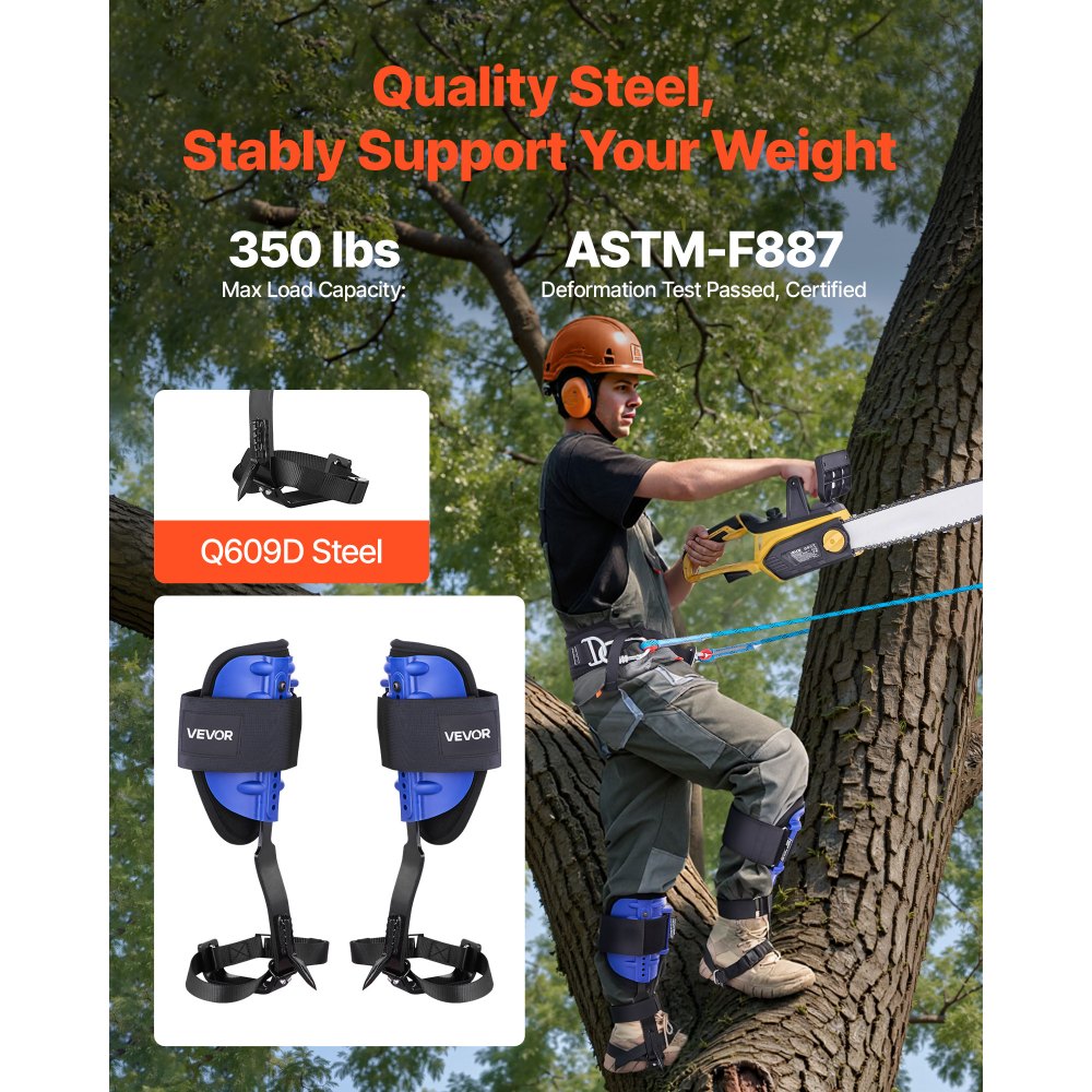 VEVOR Tree Climbing Spikes Set, Height-Adjustable Tree Climbing Gear with Straps & Waist Harness, 350 lbs Load