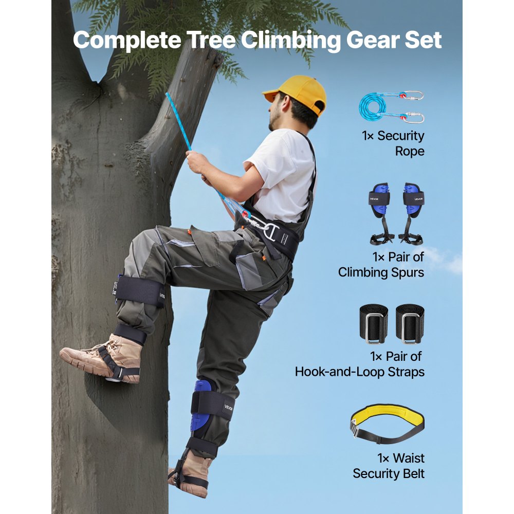 VEVOR Tree Climbing Spikes Set, Height-Adjustable Tree Climbing Gear with Straps & Waist Harness, 350 lbs Load