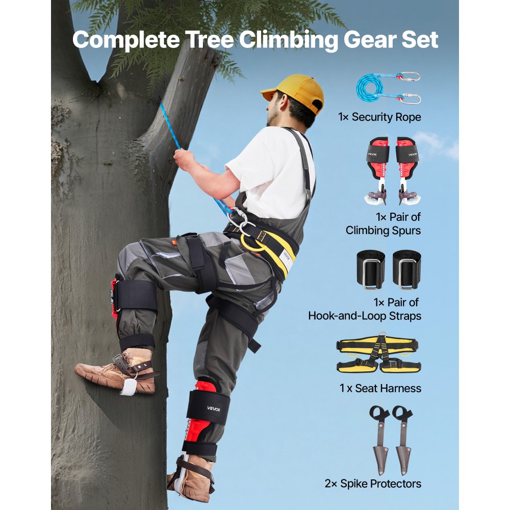 VEVOR Tree Climbing Spikes Set, Height-Adjustable Tree Climbing Gear with Straps & Spike Protectors, 350 lbs Load