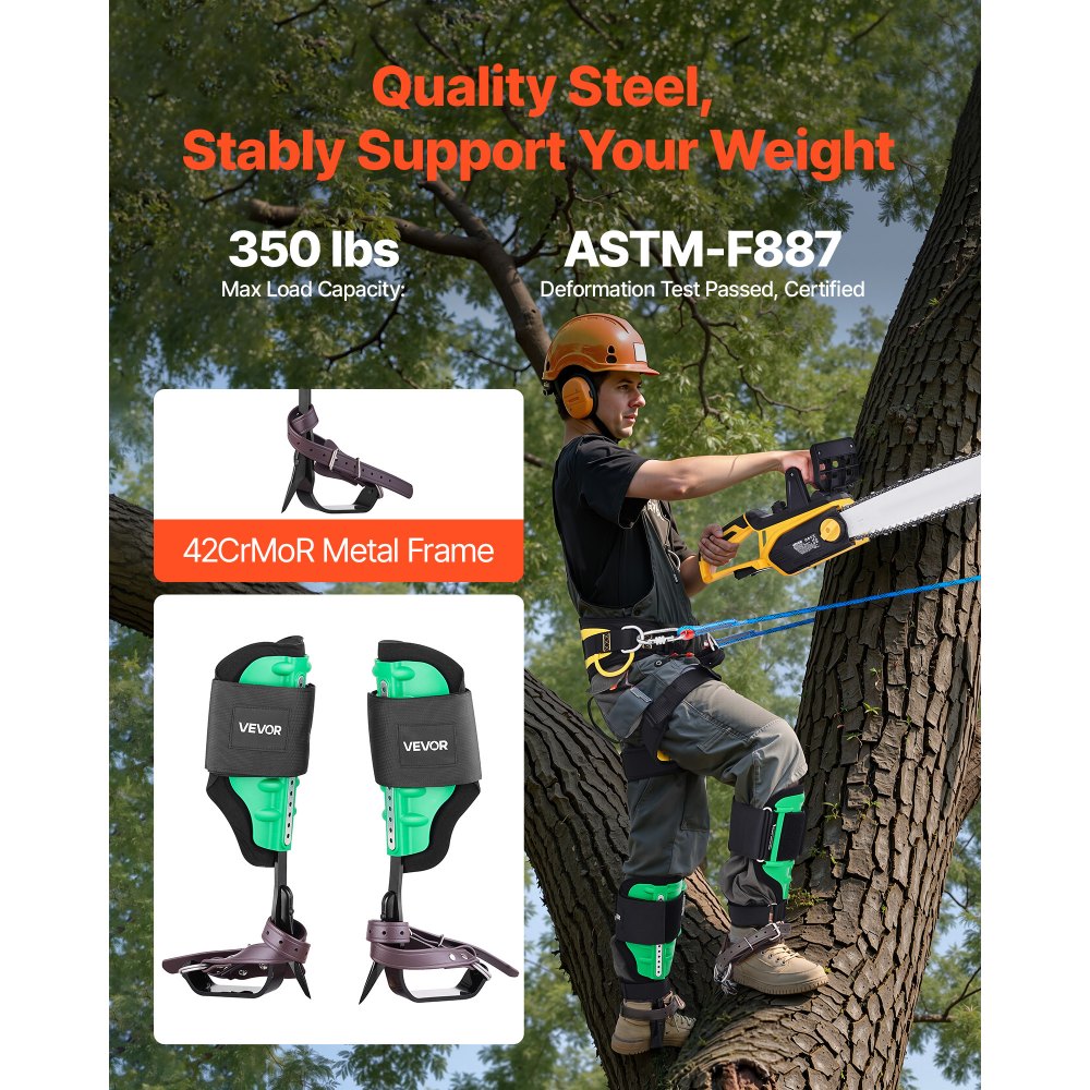 VEVOR Tree Climbing Spikes Set, Height-Adjustable Tree Climbing Gear with Straps & Spike Protectors, 350 lbs Load