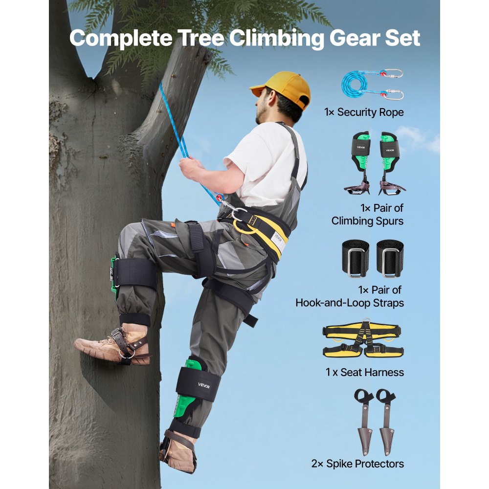 VEVOR Tree Climbing Spikes Set, Height-Adjustable Tree Climbing Gear with Straps & Spike Protectors, 350 lbs Load