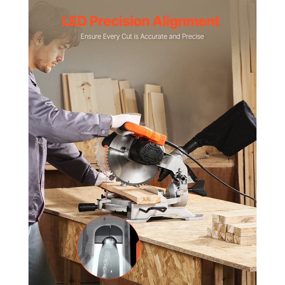 VEVOR Compound Miter Saw, 10-Inch Blade, 15 Amp Motor, 60-Tooth, Corded Single Bevel 0-45°, LED Precision Alignment