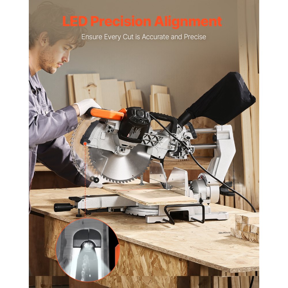 VEVOR Sliding Compound Miter Saw, 12-Inch Blade, 15 Amp Motor, 60-Tooth, Corded Double Bevel Sliding Miter Saw, LED