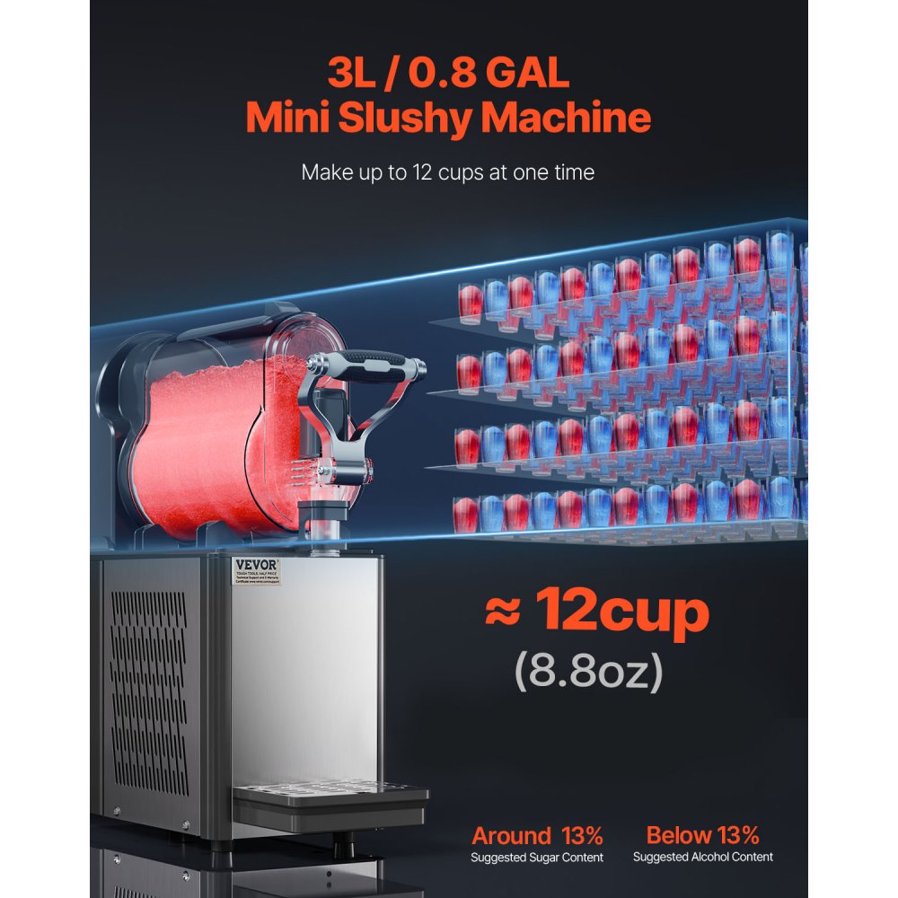 VEVOR Commercial Slushy Machine, 3L Single Tank Frozen Drink Machine, 12 Cups Stainless Steel Margarita Smoothie Frozen