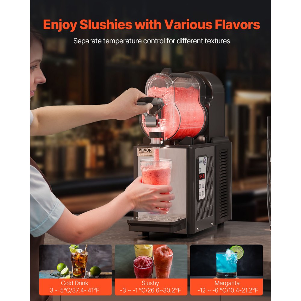 VEVOR Commercial Slushy Machine, 3L Single Tank Frozen Drink Machine, 12 Cups Stainless Steel Margarita Smoothie Frozen