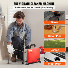 VEVOR 66FT x 5/8 Inch Drain Cleaner Machine, 250W Electric Sewer Snake Auger Manual Feed - with 7 Cutters, 2 Steel