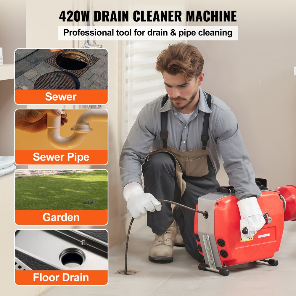 VEVOR 120FT x 7/8 Inch Drain Cleaner Machine, 420W Electric Sewer Snake Auger Manual Feed - with 6 Cutters, 2 Steel