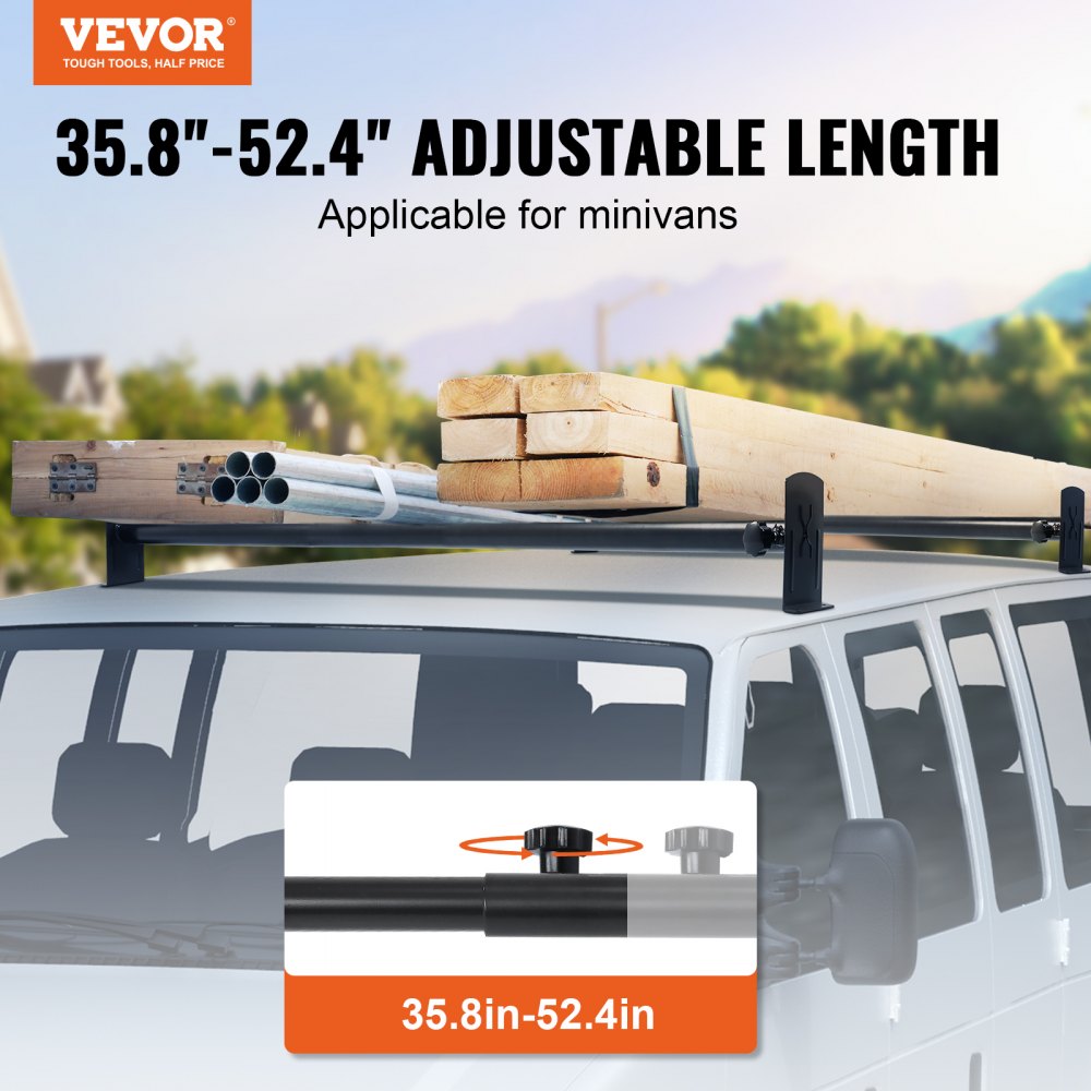 VEVOR Van Roof Ladder Rack, 2 Bars Alloy Steel Roof Racks, 500 LBS Capacity Roof Rack, Adjustable Length 35.8"-52.4"