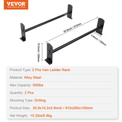 VEVOR Van Roof Ladder Rack, 2 Bars Alloy Steel Roof Racks, 500 LBS Capacity Roof Rack, Adjustable Length 35.8"-52.4"