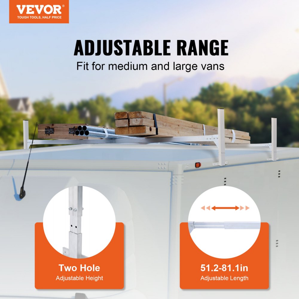 VEVOR Van Roof Ladder Rack, 2 Bars Aluminum Alloy Roof Ladder Racks, 400 LBS Capacity Rain-Gutter Van Roof Rack