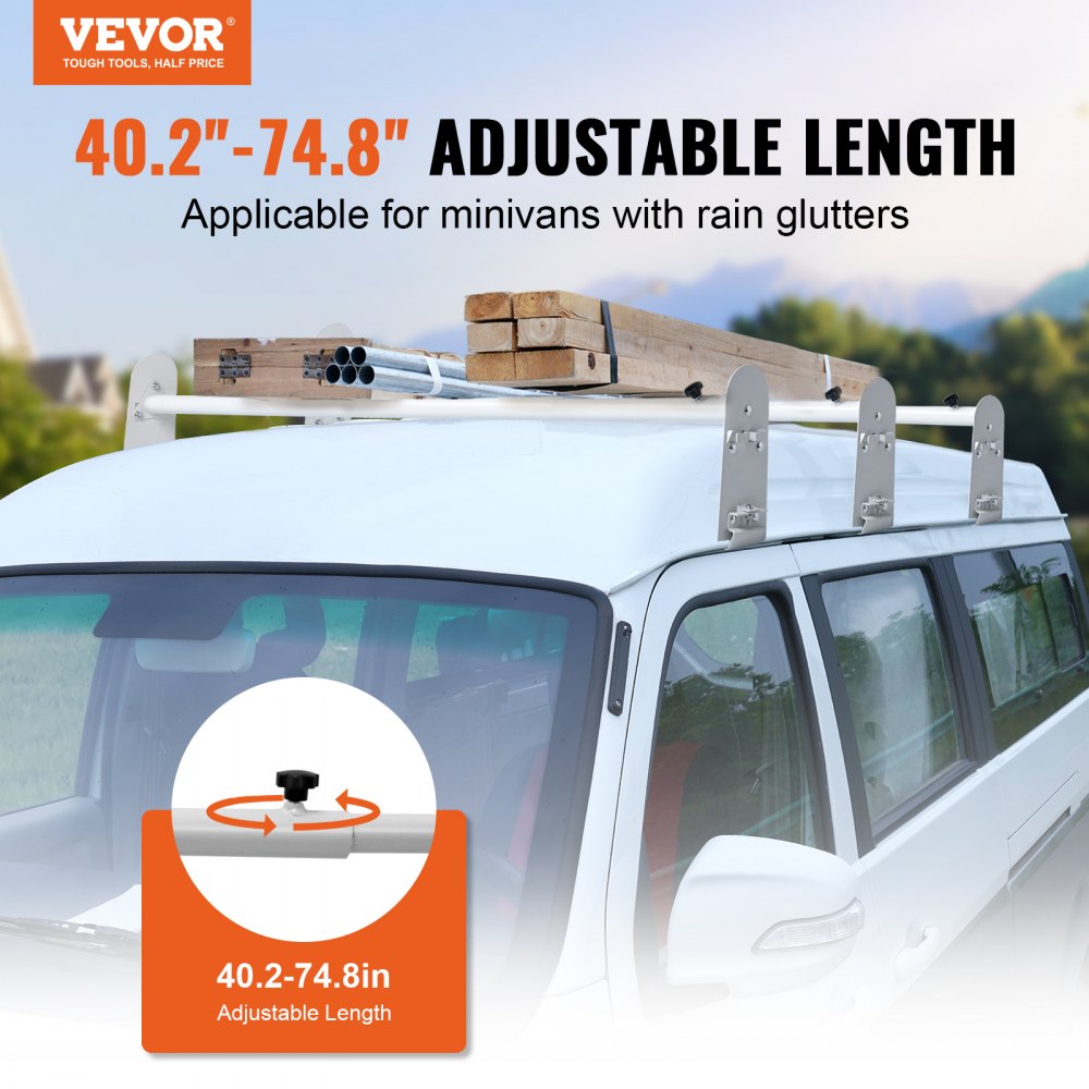 VEVOR Van Roof Ladder Rack, 3 Bars Alloy Steel Roof Racks, 750 LBS Capacity Rain-Gutter Roof Rack, Adjustable Length
