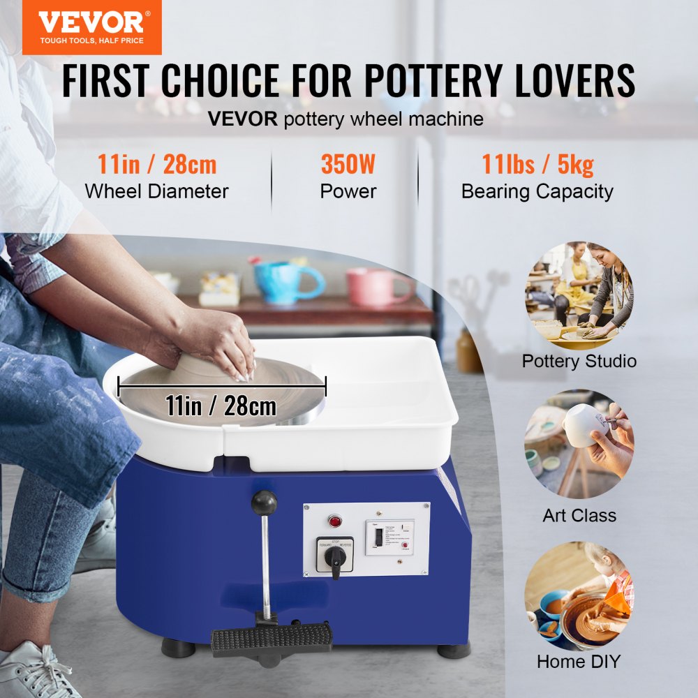 VEVOR Pottery Wheel, 350W, 11 in Clay Wheel Forming Machine, 60-300 RPM Adjustable Speed with Handle and Pedal Control
