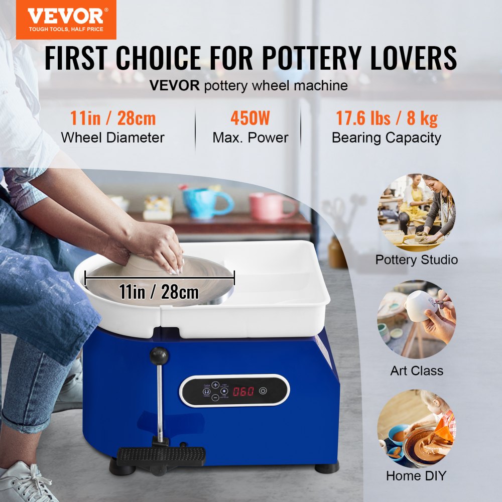 VEVOR Pottery Wheel, 450W, 11 in Clay Wheel Forming Machine, 60-300 RPM Adjustable Speed with Handle and Pedal Control