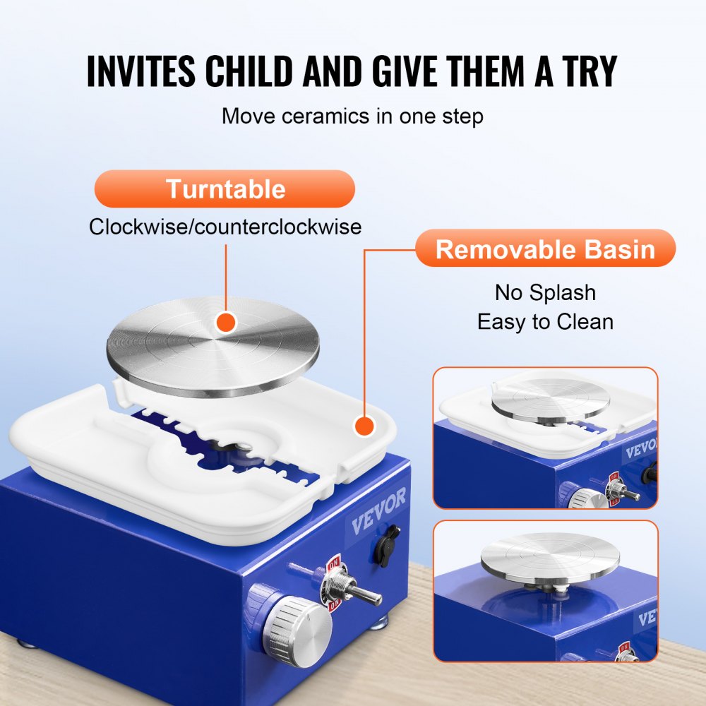 VEVOR Mini Pottery Wheel, for Kids or Beginners, 2 Turntables 2.6in/3.9in Ceramic Wheel Machine, Adjustable 0-300RPM